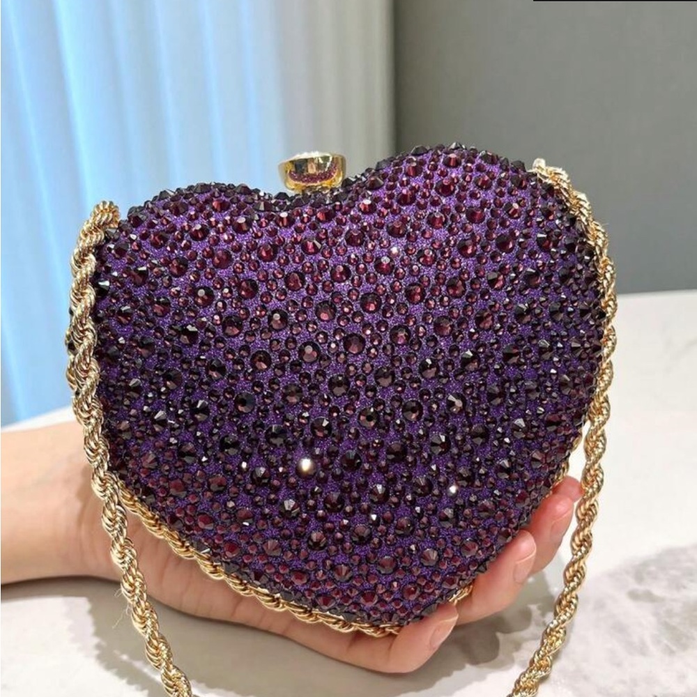 Purple Heart Shaped Rhinestone Inlaid, Metal Chain Strap Handbag / Clutch - Picture 11 of 15